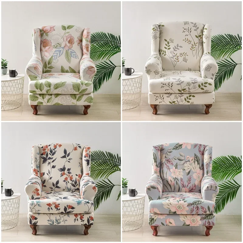 Nordic Flower Wing Chair Cover Stretch Spandex Armchair Covers Removable Relax Single Sofa Slipcovers with Seat Cushion Covers