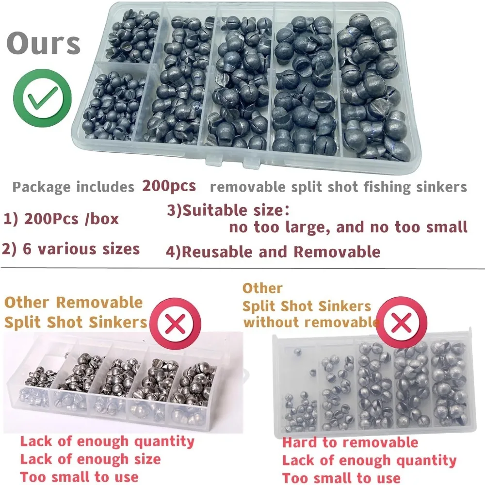 200Pcs Removable Split Shot Fishing Sinkers - Mixed Sizes, Adjustable Clip Design Weights for Freshwater & Saltwater Fishing