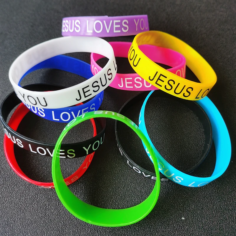 20PCS Bulk Jesus Love U Silicone Band Mixed Color Sparkle Christian Bracelets for Men Women Religious Vintage Jewelry God Gifts