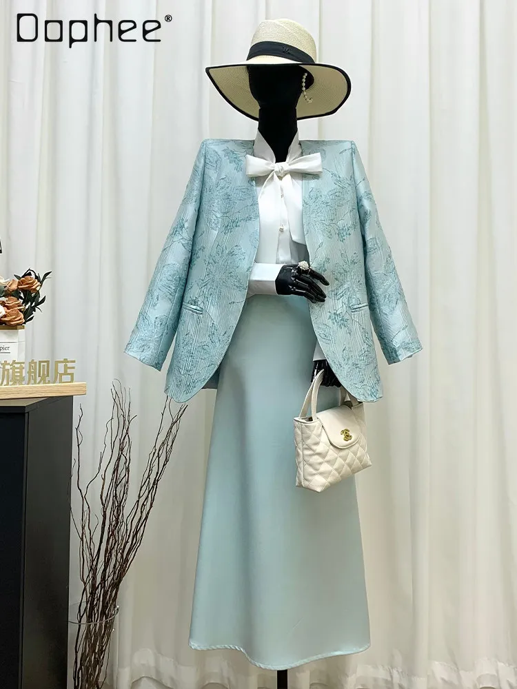 

New Chinese-style Elegant Retro Jacquard Embroidered V-neck Blazer Stand-up Collar Shirt Satin Midi A-line Skirt Three-piece Set