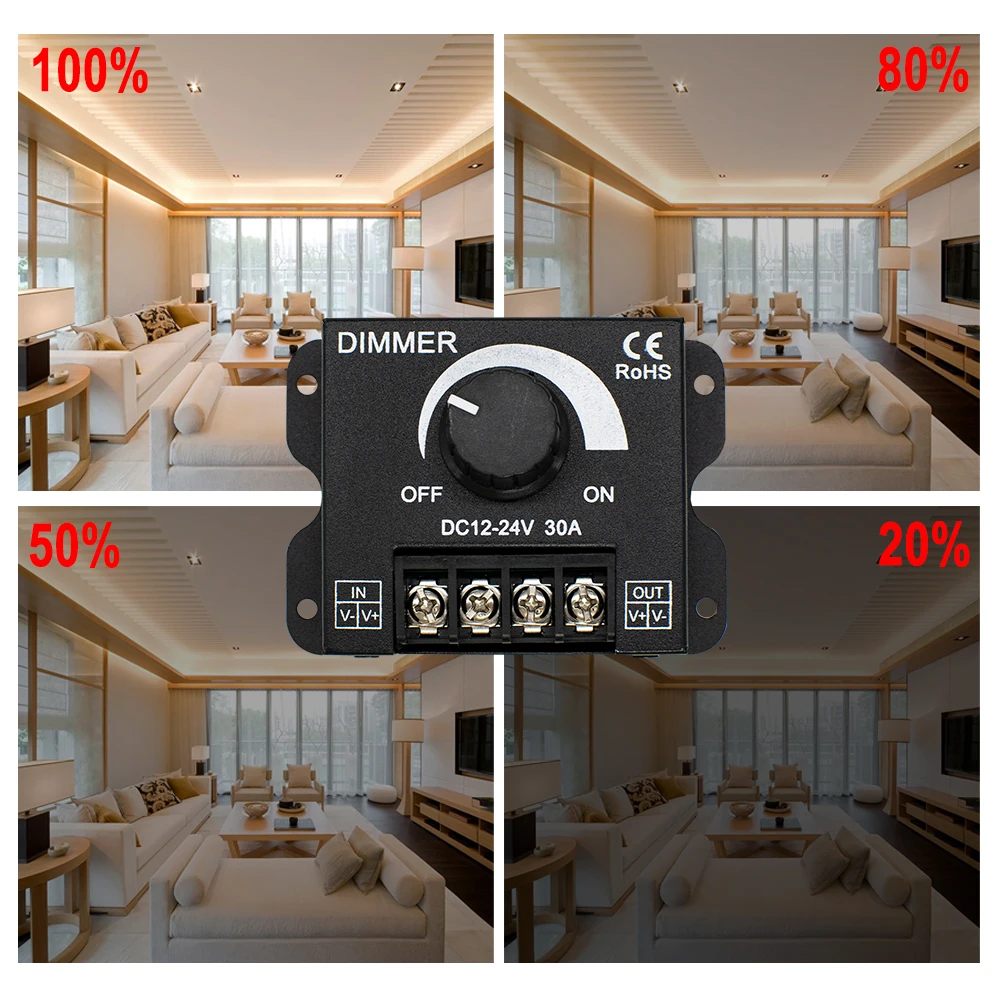 Rotary Dimmer Adjustable Brightness LED Lamp Bulb Strip Driver Single Color Light Power Supply Controller 30A DC 12V 24V 360W
