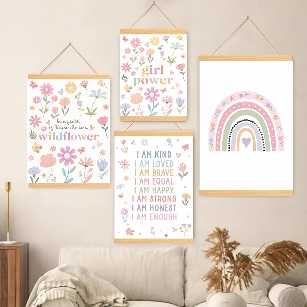 Solid Wood Hanging Canvas Paintings Pastel Boho Nursery Affirmation Wall Art ,Rainbow Floral for Toddler Room Playroom Nursery