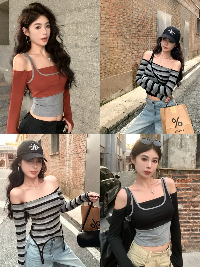 Autumn hot girl style fake two-piece off-shoulder suspenders long-sleeved T-shirt female design two-wear one-shoulder top