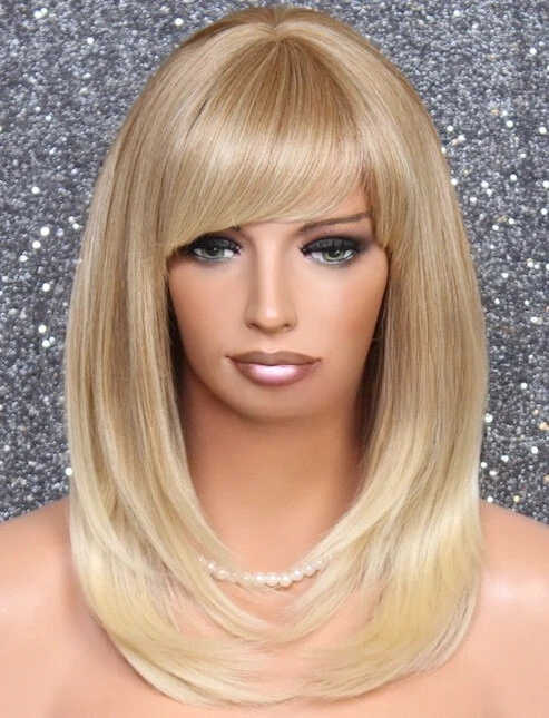 

Straight Hair blend Heat OK Wig Bangs layers Blonde mix LP