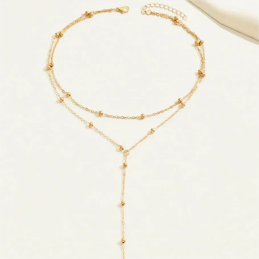 Lariat doppels chichtige Imitation Perle Charms Halskette Schlüsselbein Glieder kette minimalist ische Edelstahl Choker Halskette für Frauen