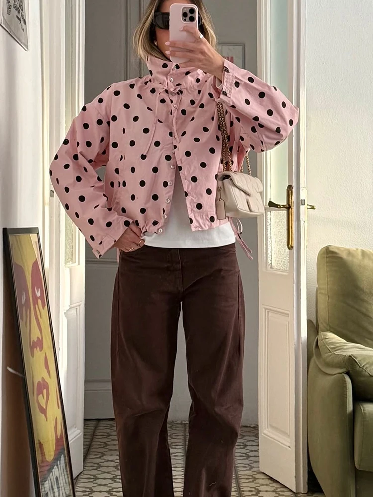 Vintage Polka Dot Cropped-Bluse mit Stehkragen, Krawatte am Hals, Kordelzug am Saum, lange Ärmel, lockere Tasche, lässiges Alltagshemd, 5 Farben – Detail 8