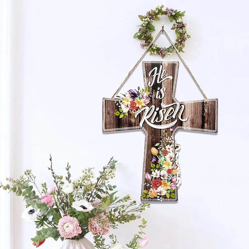 

Christian Flowers Easter Decor Wooden Jesus He Is Risen Door Sign Easter Religious Cross Sign Easter Wooden Hanging Decorations