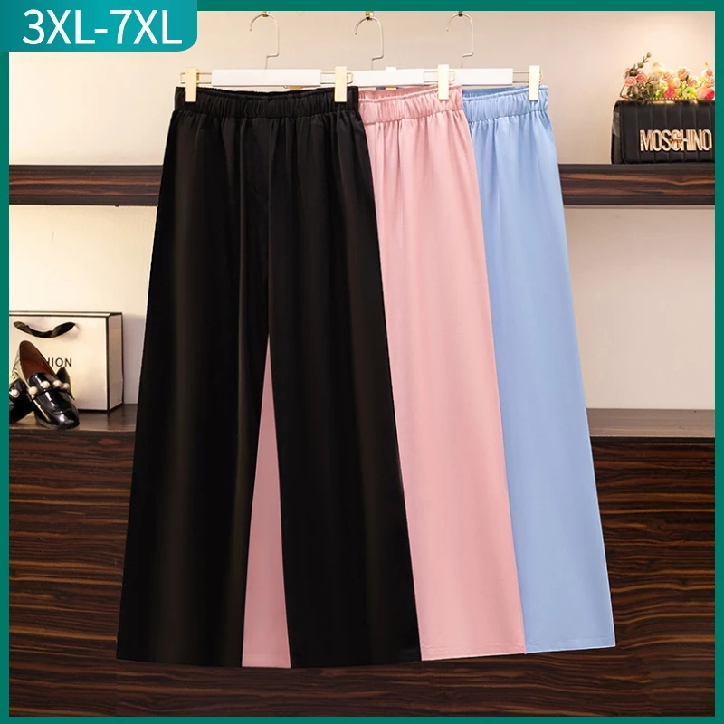 New 2022 Summer Plus Size Wide Leg Pants For Women Large Loose Cotton Black Thin Straight Long Trousers 3XL 4XL 5XL 6XL 7XL