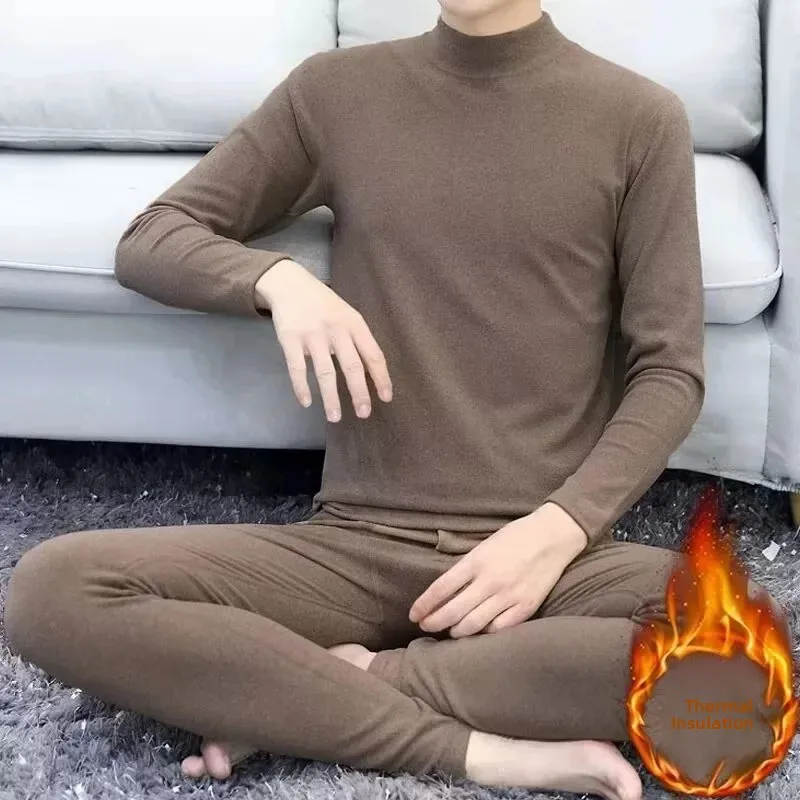 Men's Thermal Underwear Set Double-sided Fleece Thickened Half-high Collar Warm Winter Clothes Polyester Fabric Long Sleeve