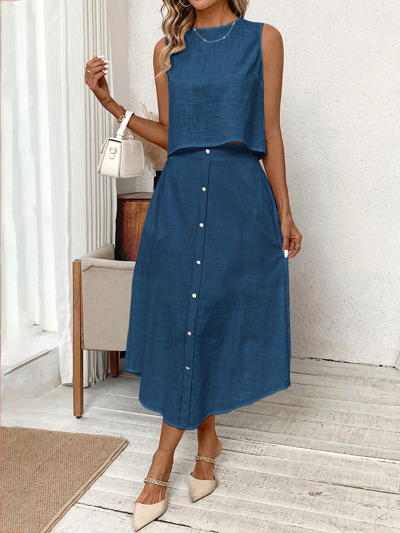 2024 new Europe and the United States cross-border linen suit breathable sleeveless round collar vest ➕ half skirt two-piece set