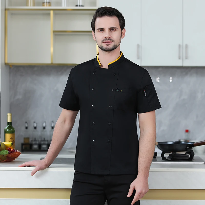 Jaqueta Chef preta masculina e feminina, Brasão Chef de verão, Avental de manga curta, Uniforme Chef Chefe, Restaurante, Hotel, Roupas de cozinha, Mulheres personalizadas