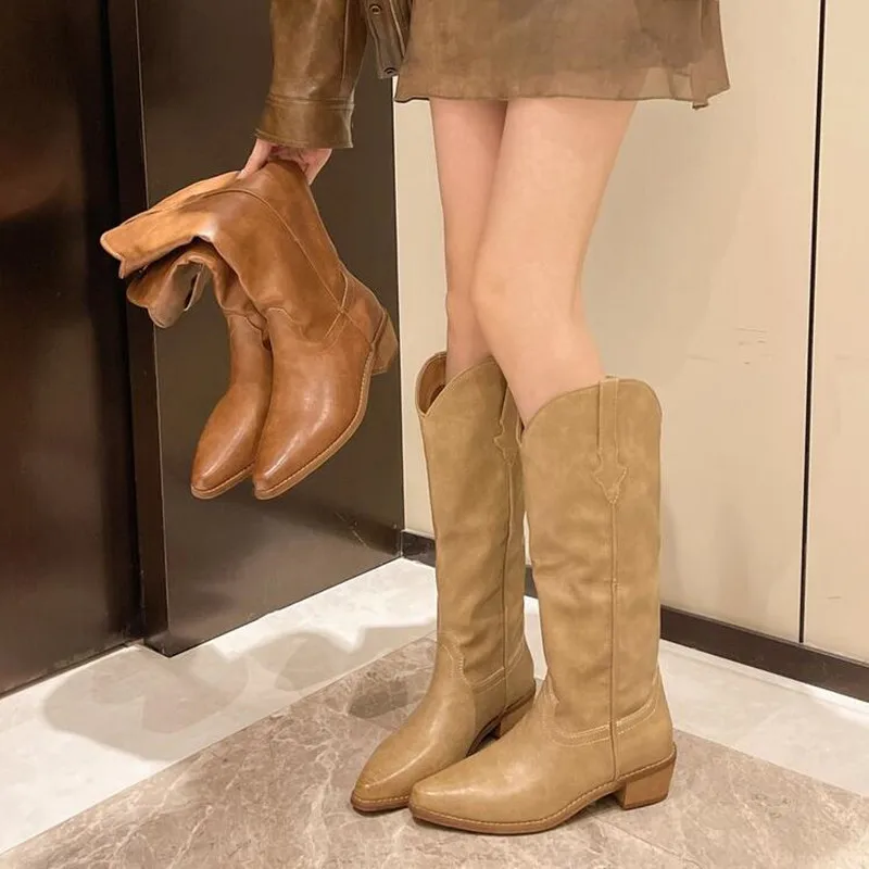 حجم كبير 42 جديد المرأة المطرزة الغربية حذاء برقبة للركبة كاوبوي راعية البقر الأحذية صندل بكعب مكتنز منصة أحذية النساء الأحذية الغربية #6