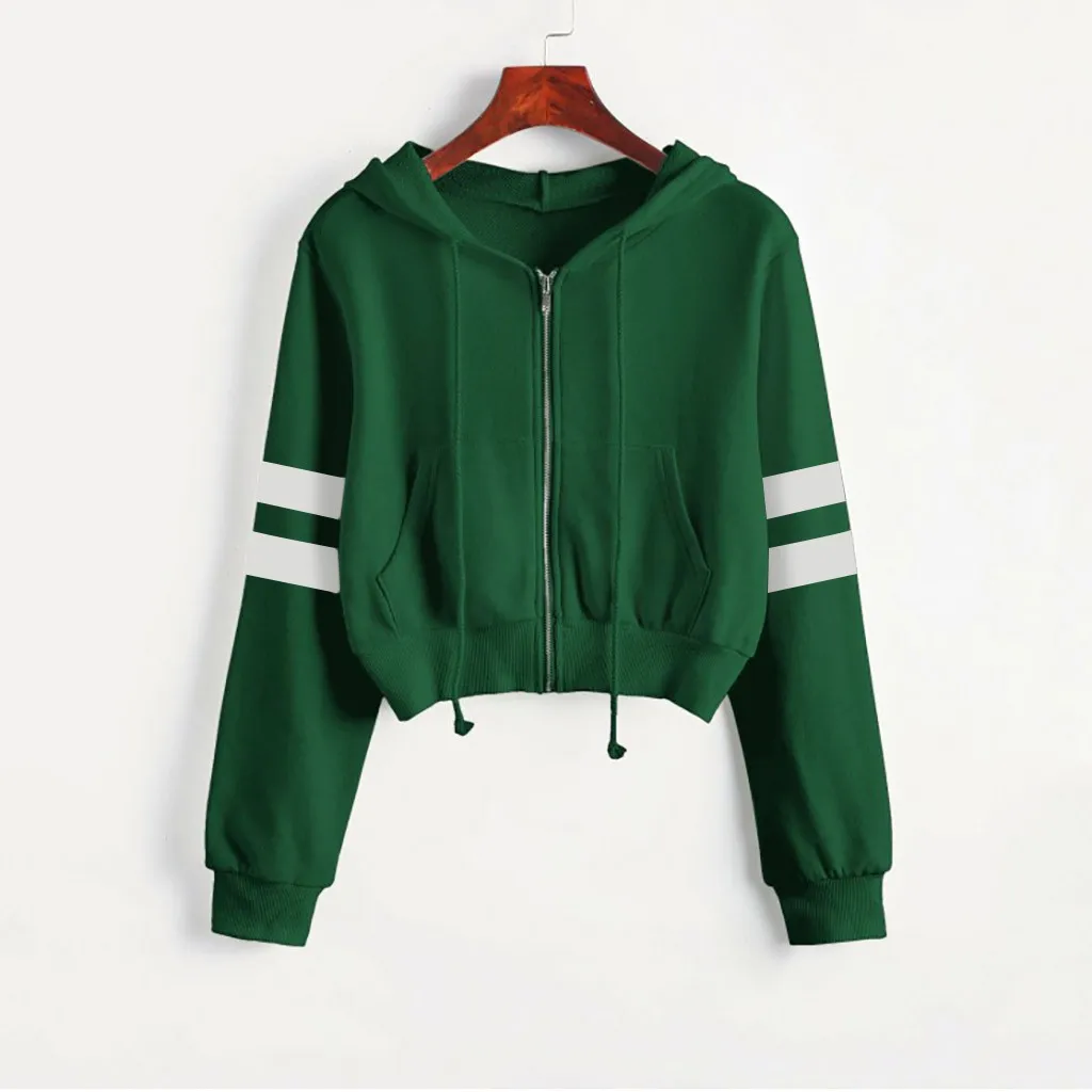 Women Y2k Zip Hoodies Spring Fall Casual Stripe Cropped Green Zipper Hooded Sweatshirts Female Long Sleeve Jogging Top