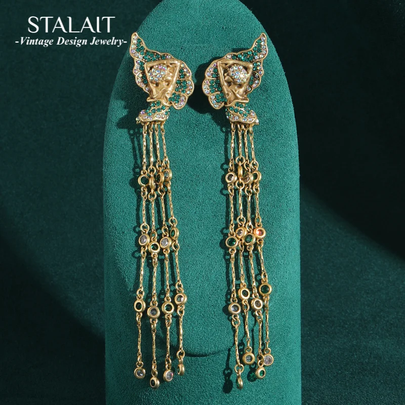 

Vintage Long Earrings Luxury Elegant Gold Color Tassel Drop Large Jewelry Rhinestones Woman Designer Antique Accessories 2025