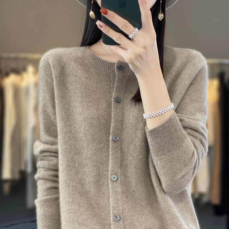 

100% Merino Wool Sweaters Cashmere Cardigan Spring Autumn Women O-Neck Knitwear Clothing Fashion Basic Tops coat