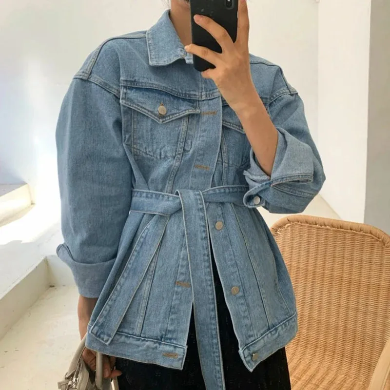 Chic Denim Jacket Women's Waist Wide Loose 2023 Summer Apricot Denim Jacket Women Korean Version Loose Retro Blue Jacket Ladies