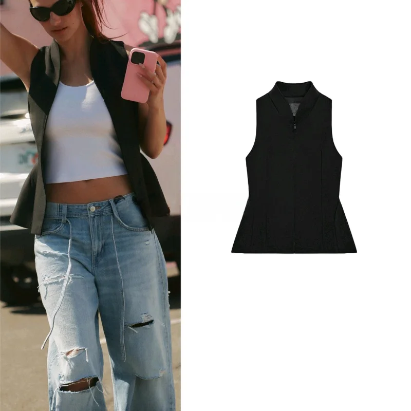 

Summer New Women's Slim Fit V-Neck Sleeveless Hidden Zipper Hem Vest Polyester Fiber Regular Length Outerwear H-Shape Vest