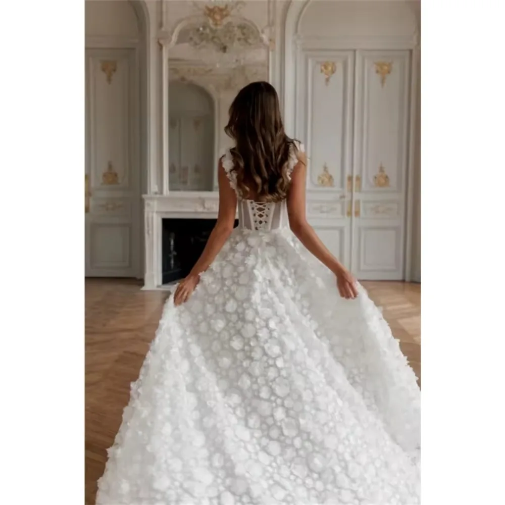 White 3D Flower Wedding Party Dresses Lace-up Back A-line vestidos de noche Elegant Sleeveless Side High Split Formal Evening