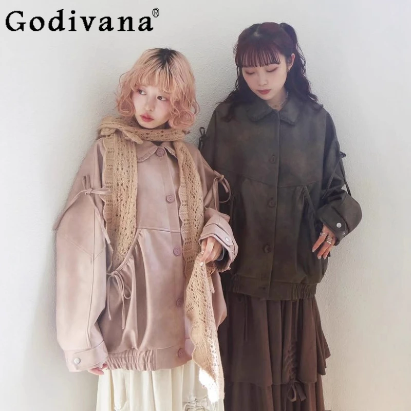 

Japanese Style Fashion Turn-Down Collar Long Leather Jacket Student Sweet Casual Coat Spring Autumn New 2025 Loose Slim Coat