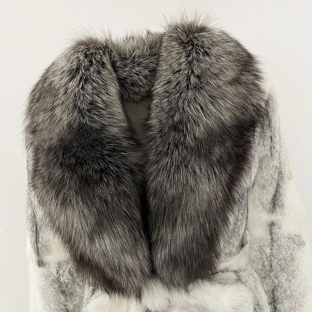 MENINA moda gruesa cálida abrigo de piel de conejo auténtico señora nuevo Otoño Invierno Top ropa mujer manga larga cuello de piel de zorro chaqueta mullida