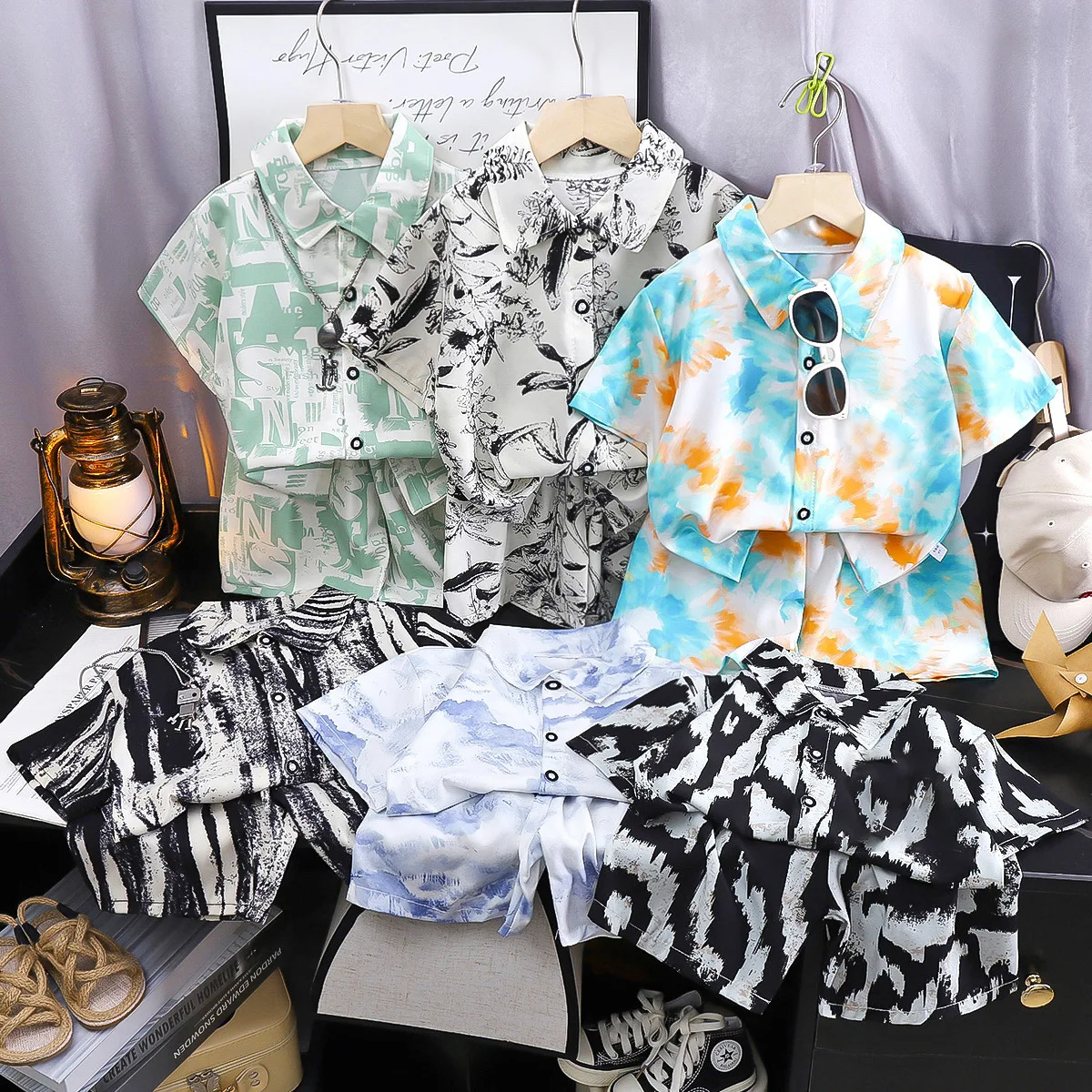 Children's suit new Korean version short-sleeved shorts shirt two-piece set beach style baby clothes children's clothing