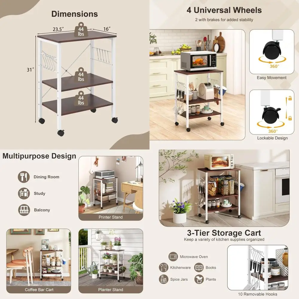

Трехуровневая передвижная тележка для микроволновой печи с 10 крючками, металлическими и деревянными полками для хранения, промышленная универсальная подставка в коричневом и белом цветах