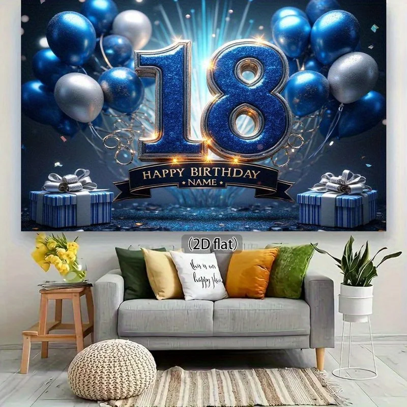 Flaches 2D-Design, Deko-Set zum 18. Geburtstag (für Männer) – Glänzender digitaler 18er-Ballon, Happy Birthday Banner, Partyzubehör, 18. Geburtstag