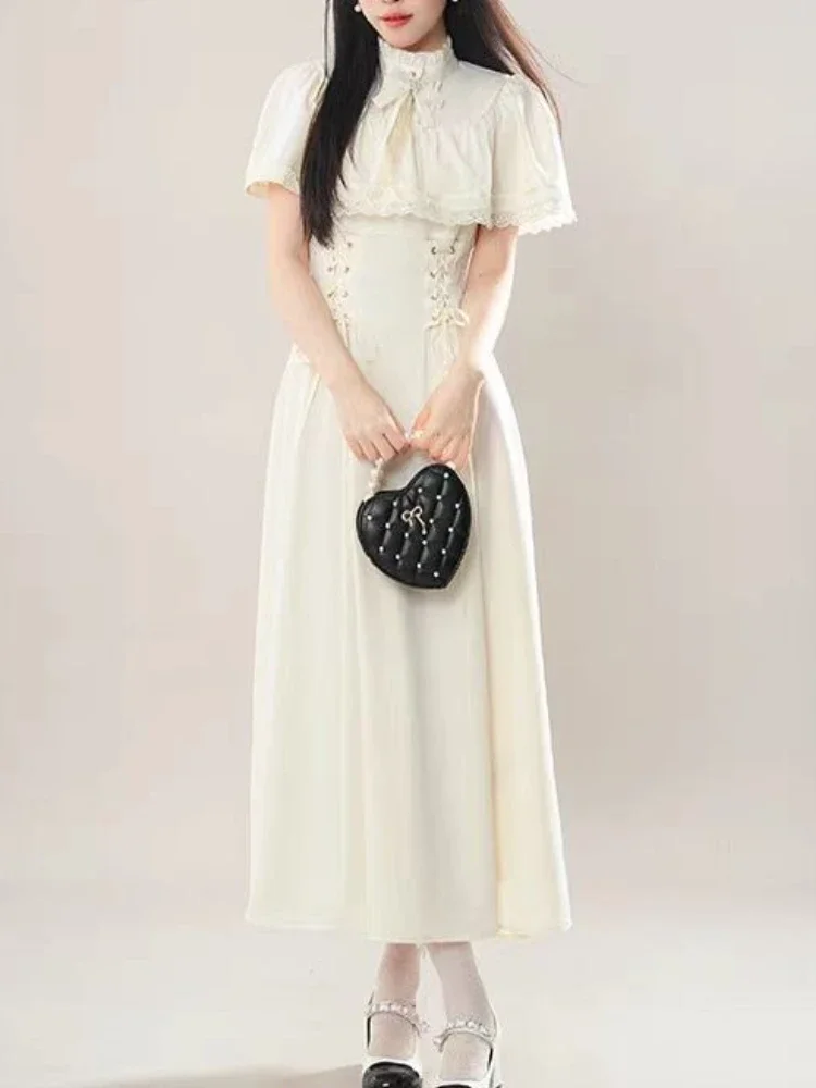 أزياء أنيقة القوس فستان طويل المرأة الصيف فرنسا الحلو الدانتيل يصل فساتين لوليتا الإناث تصميم جديد شيك كيب ريترو ملابس جميلة #5