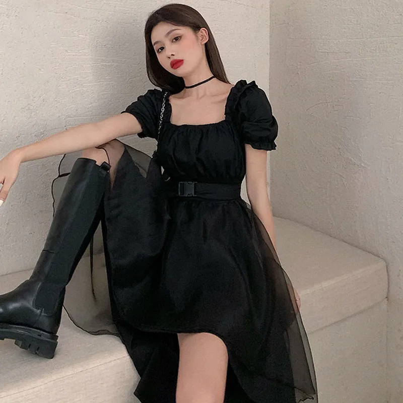 harajuku black tulle puff sleeves dress woman french slim fit square collar asymmetrical dresses female summer party belt dress