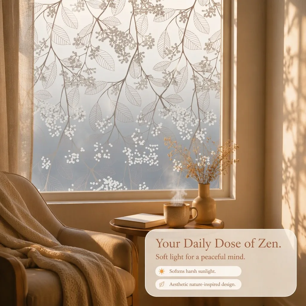 Botanical Frosted Window Film Privacy Heat Insulation Anti-Splash Static Cling Decorative Floral for Office Bathroom Home