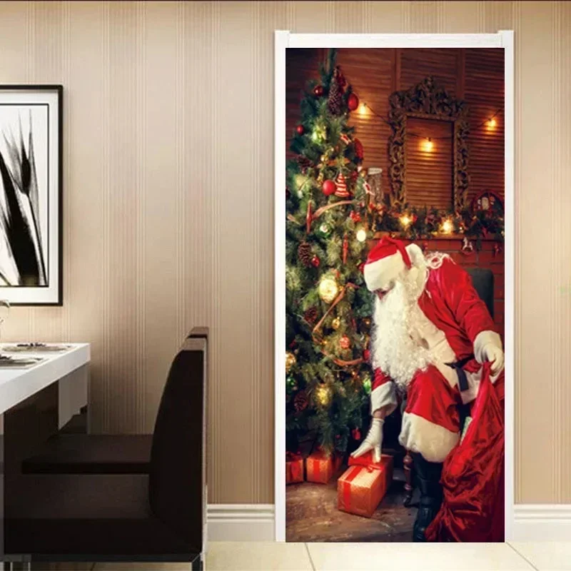 Christmas Door Sticker Wallpaper Santa Snowman Poster Decal Art Xmas Mural Bedroom Home Bedroom Decor Self-adhesive Decals