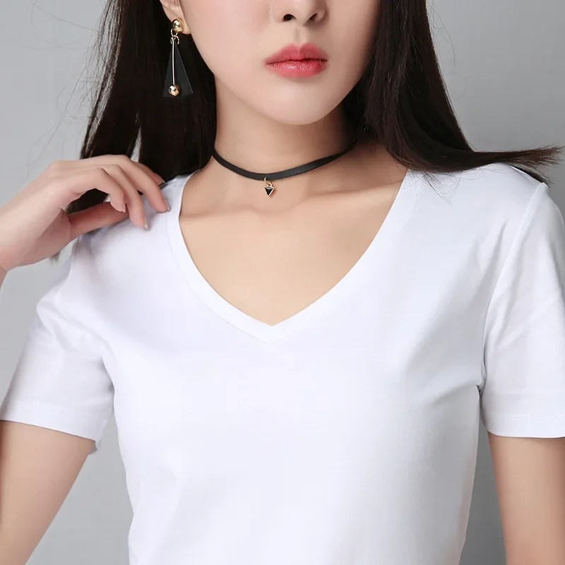 2024 Summer New inWomen's Cotton Short Sleeve T-Shirt V-Neck Casual Bottom Basic White Top Female Clothing 80