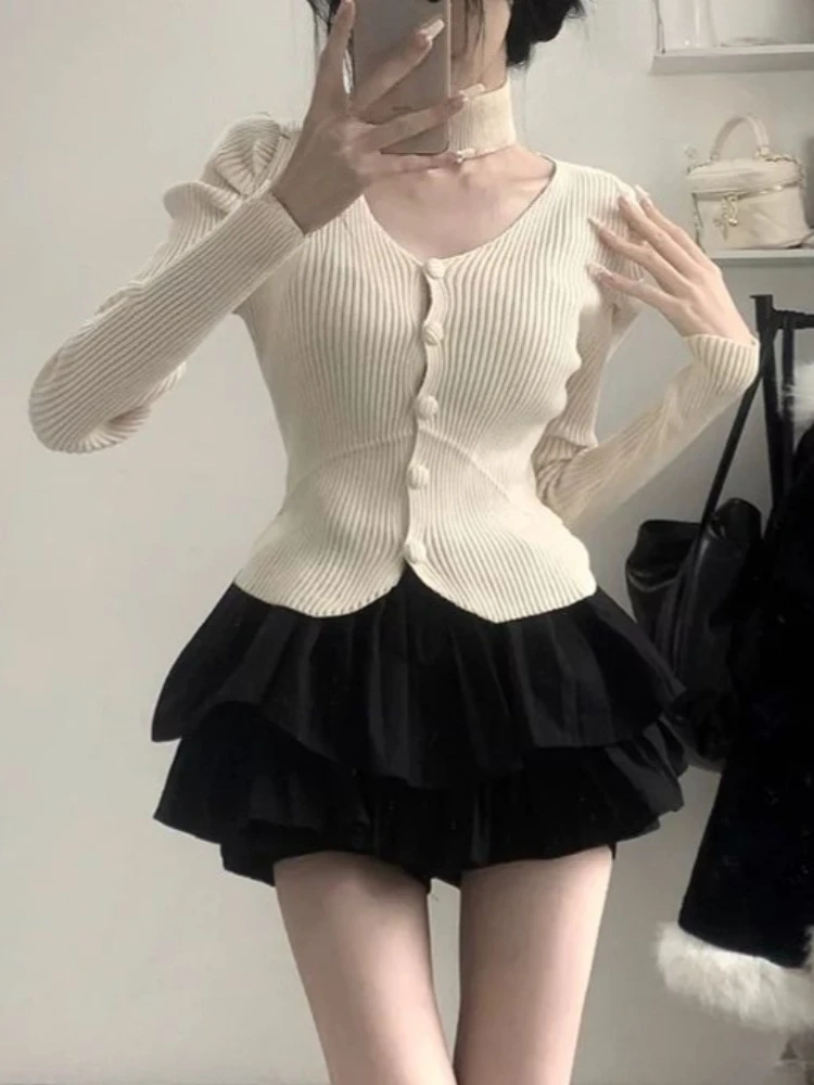 Set due pezzi vintage stile coreano cardigan in maglia con scollo a V + gonna a pieghe torta donna 2025 nuovi abiti moda retrò invernali