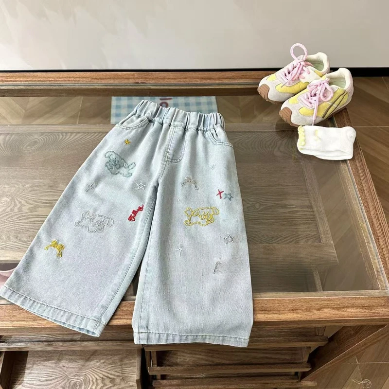 

2025 Summer New Girls' Elastic Waist Wide Leg Pants with Animal Pattern Thin Jeans