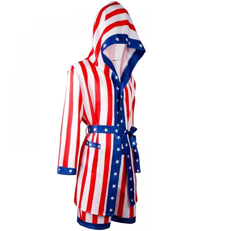 lili 123Unisex Boxing Cosplay Costume Satin American Flag Rocky Boxer Uniform Hooded Robe Shorts for Women Men Fancy Outfit Hall