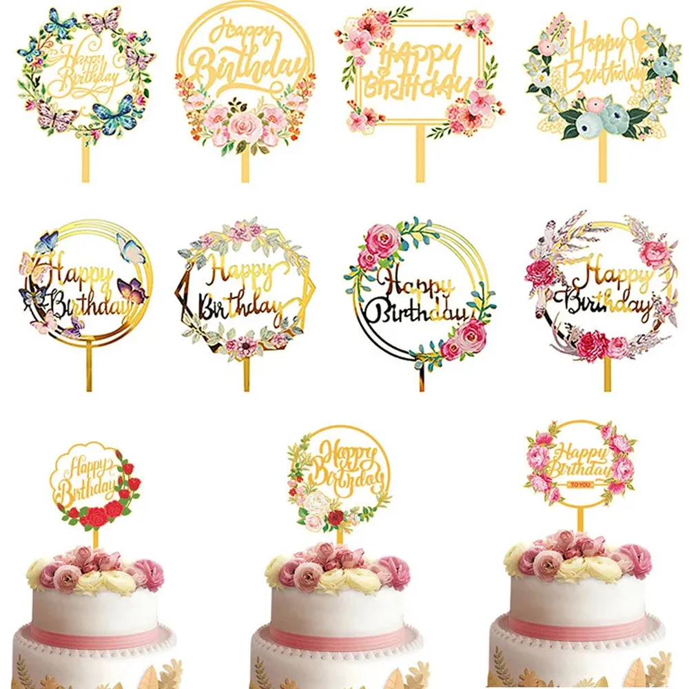 Flower Plant Happy Birthday Cake Topper Gold 3D Acrylic Kids Party Dessert Cake Topper for Baby Shower Cake Gift Decoration