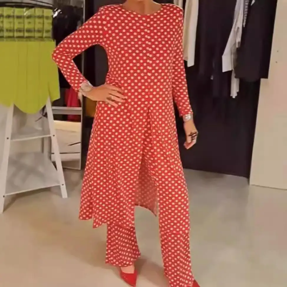 カジュアル-ロング-レディース-スーツ-ネック-sve-ドット柄-人気-スプリット-ラウンドネック-ホームウェア-ブランドなし-商標登録なし