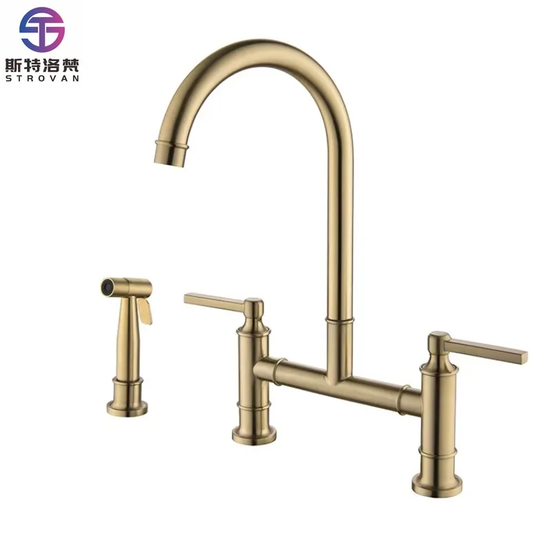 

Gold Brushed Brass Tapware 2 Handle Kitchen Faucet with Sprayer Bridge Kitchen Faucet Hot and Cold 3 Mode Sink Faucet