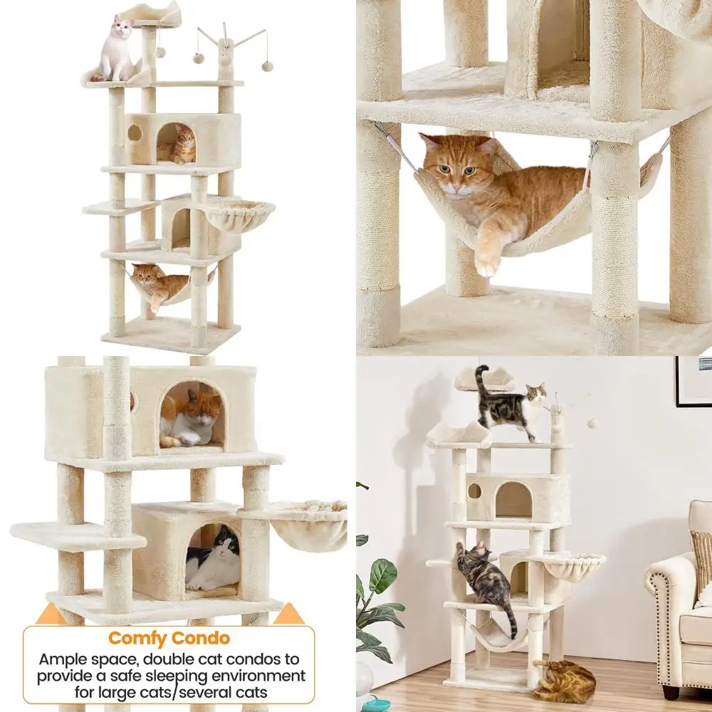 

Домашняя башня для кошачьего дерева 67, многоуровневая кондо-кондо, когтеточками, съемными меховыми шариками, большая мебель для лазанья для кошек