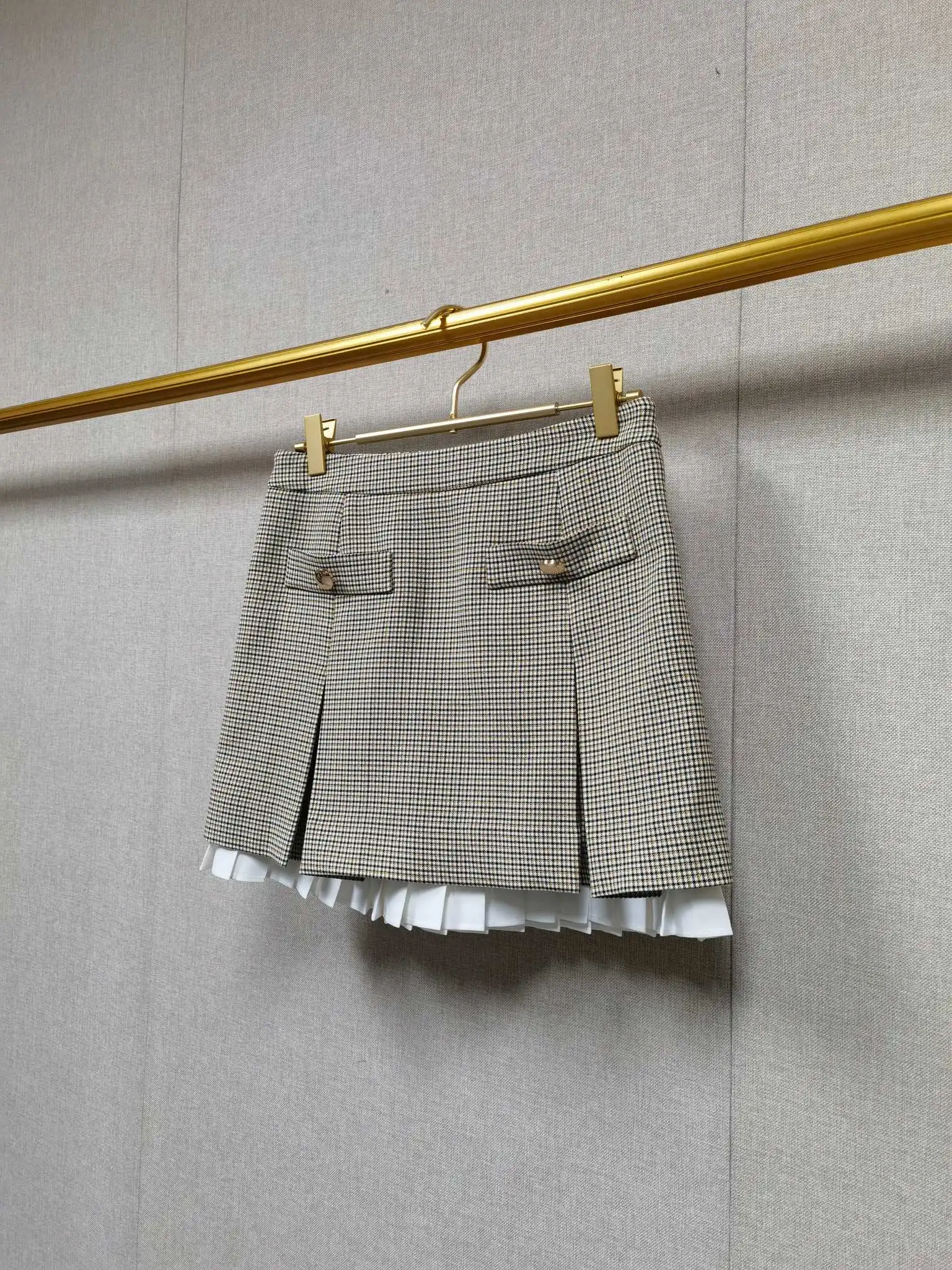 

Spring/Fall Women Houndstooth Long Sleeve Set Turn-down CollarZipper Pocket Jacket + Spliced High Waist A-line Mini Skirt