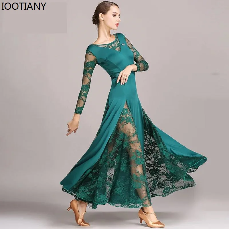 IOOTIANY 2024 Modern Dance Dress Sexy Lace Ballroom Dance Dress For Woman Long Sleeves Waltz Tango National Standard Dancewear