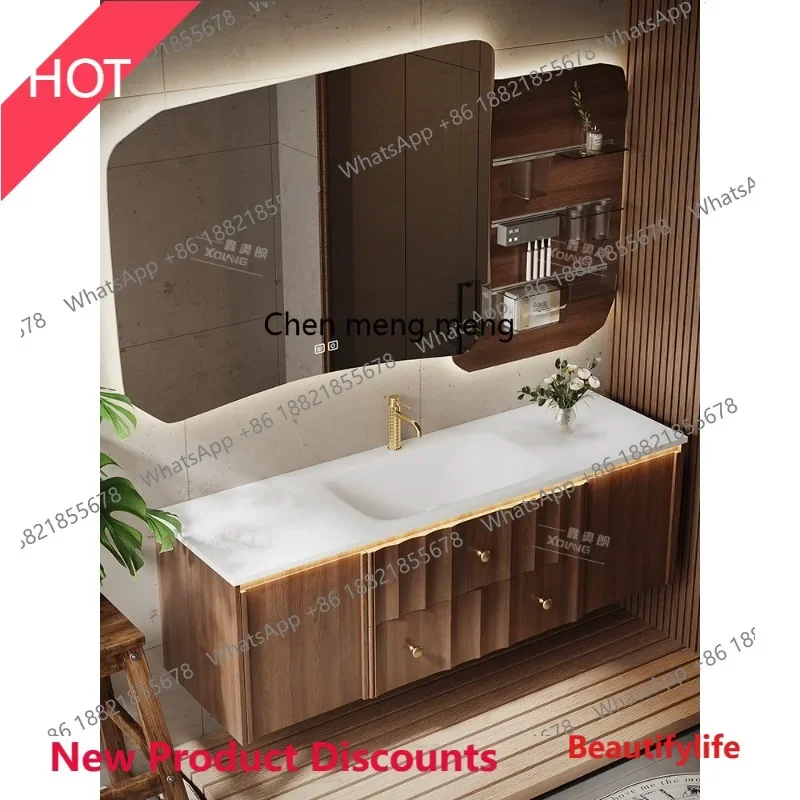 P32 Medieval oak bathroom cabinet combination light luxury walnut washstand basin cabinet