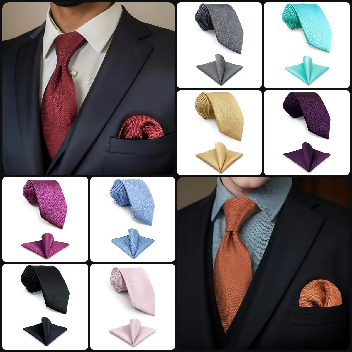 New Colorful Extra Long Necktie Set Blue Green Black Tie and Pocket Square 160cm 63\