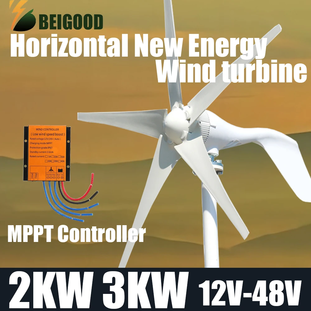 Latest Design 3000W Windmill 12v 24v 48v New Energy 3 Blades Horizontal Wind Turbine Generator Free MPPT Controller For Homeuse