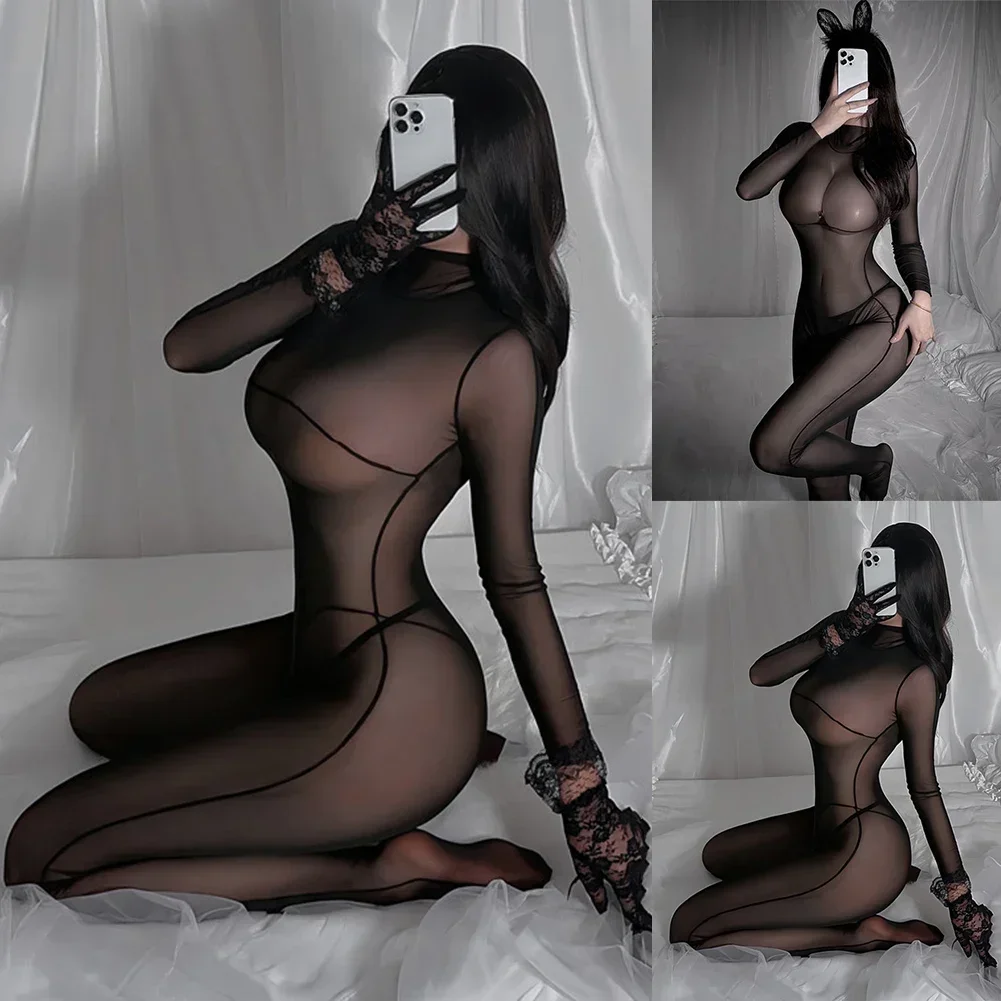 Sexy Lingerie Women Jumpsuit Long-Sleeve Tight Crotchless See-Through Hollow Out Nighties Porn Bodysuit Breathable