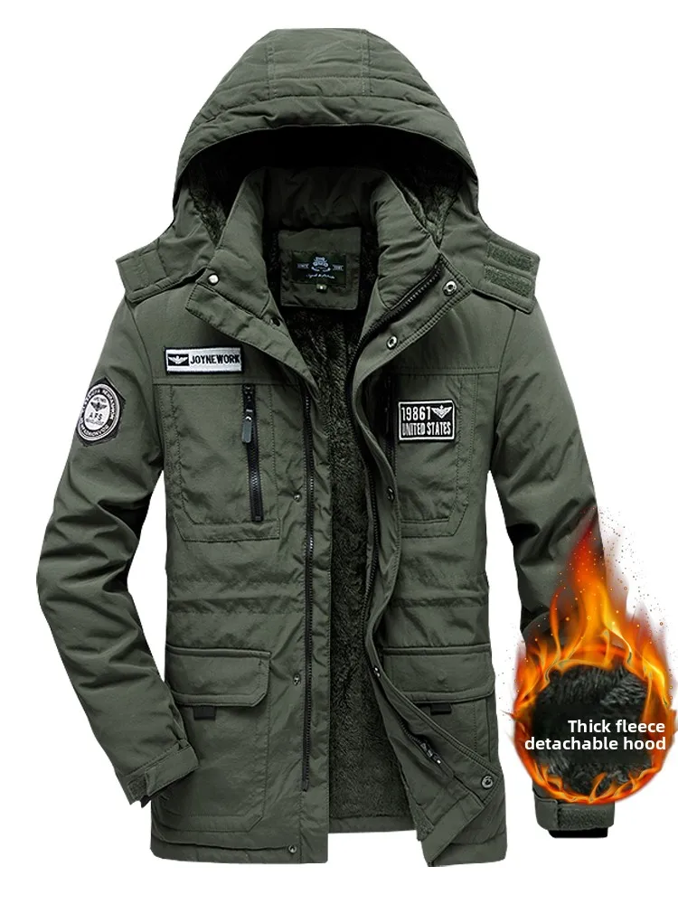 

High-End Fce-Lined Thiened Men's Jaet Winter Warm Outdoor Mid-Length Hooded Coat Multiple kets Faionable Urban Sle