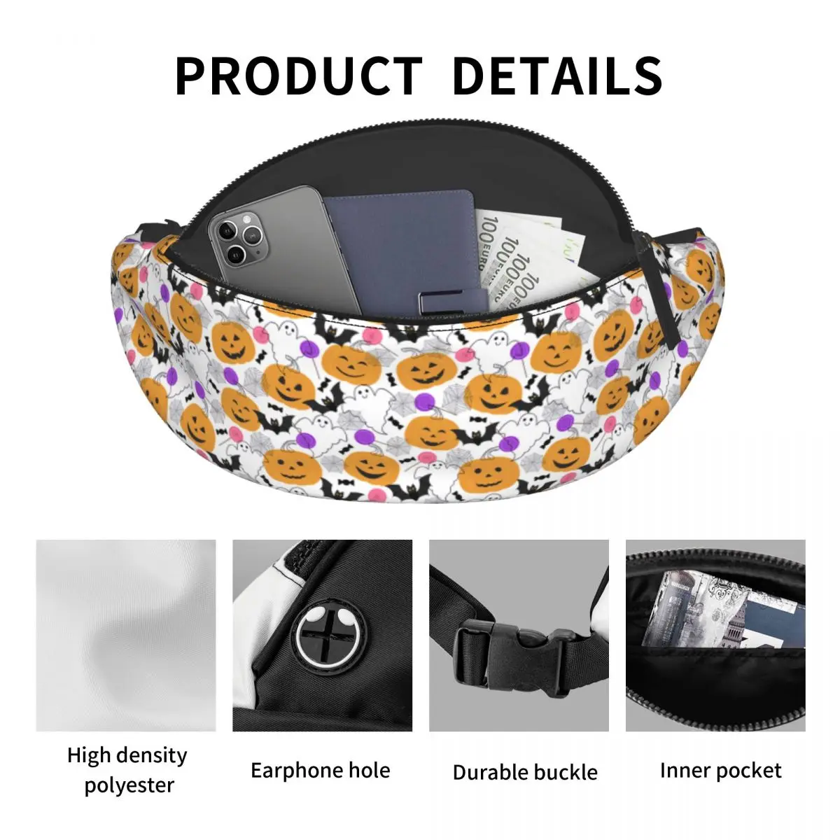 مخصص بارد القرع أشباح القطط هالوين حزمة مراوح للسفر النساء الرجال Crossbody الخصر حقيبة الهاتف المال الحقيبة