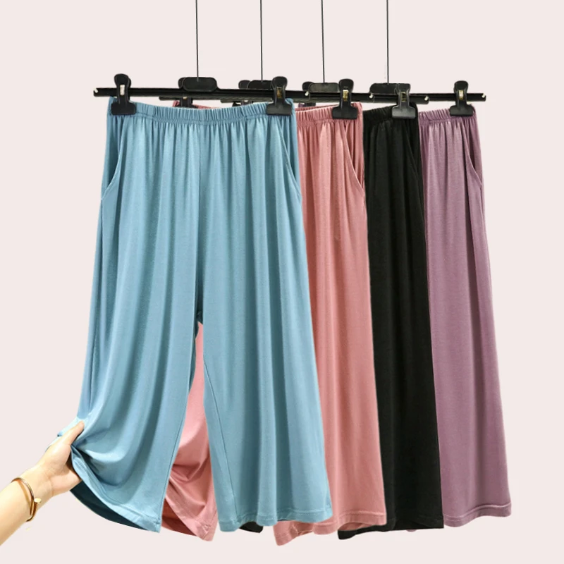 High Waist Modal Sleepwear Pants Women Summer Large Size Thin Elastic Waist Casual Pants Home Sports Pants Pure Color Wide Le...