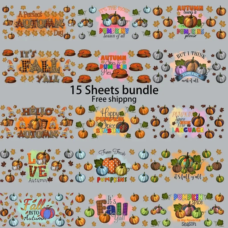 15pcs Freeship Autumn Pumpkin Cozy 16oz UV DTF Sticker Waterproof DIY Decals 3D transfers uvdtf tumbler stickers uv dtf cup wrap