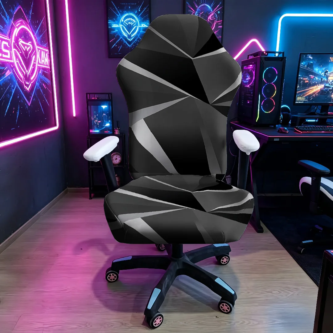 Black Grey Geometric Gaming Chair Cover, Stretch Elastic Anti-Scratch Slipcover for Gamer & Office Chair